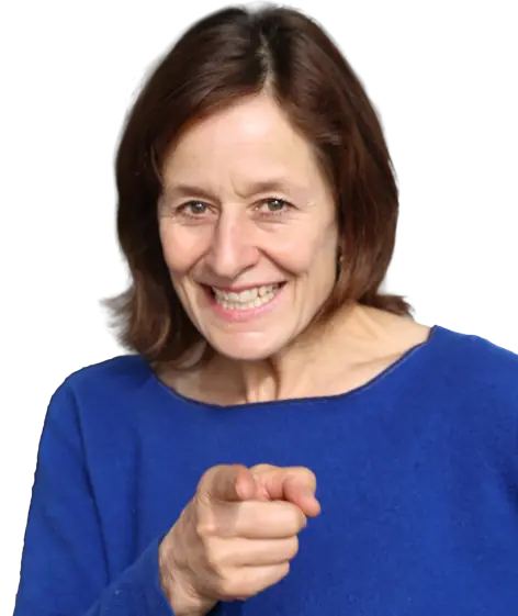 Anette Leins is smiling and pointing at you